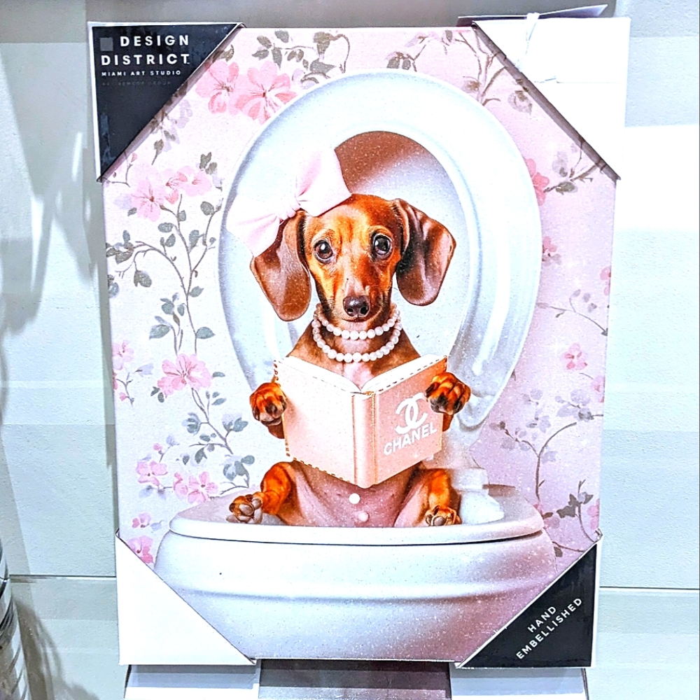 New Dachshund Doxie Puppy Dog Chanel Pearls Bathroom Wrapped Canvas Art Print